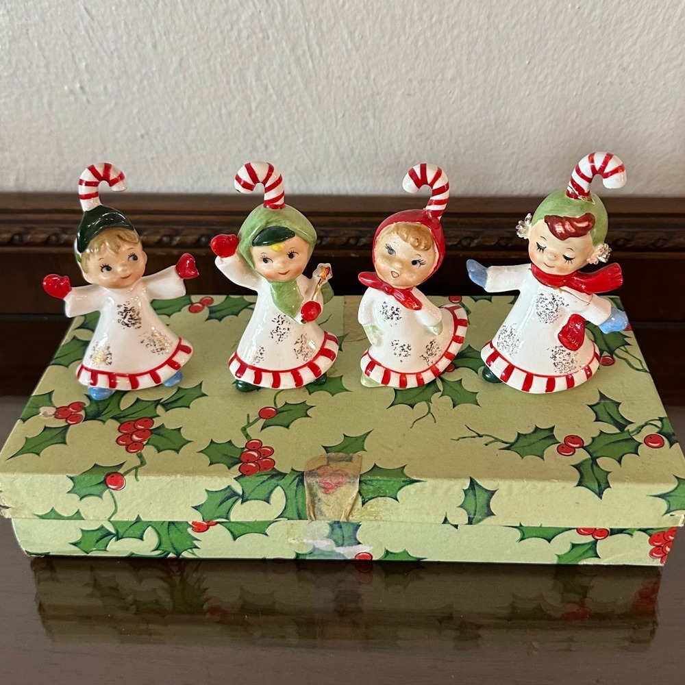 Vintage Lefton Candy Cane Kids Figurines Set of 4 Christmas 625 MCM Box READ